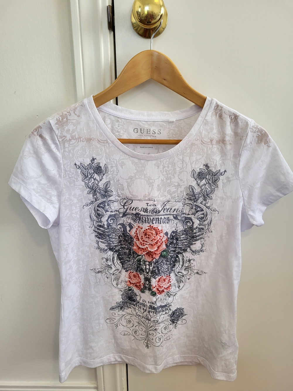 GUESS White Floral Graphic Tee With Rhinestones
